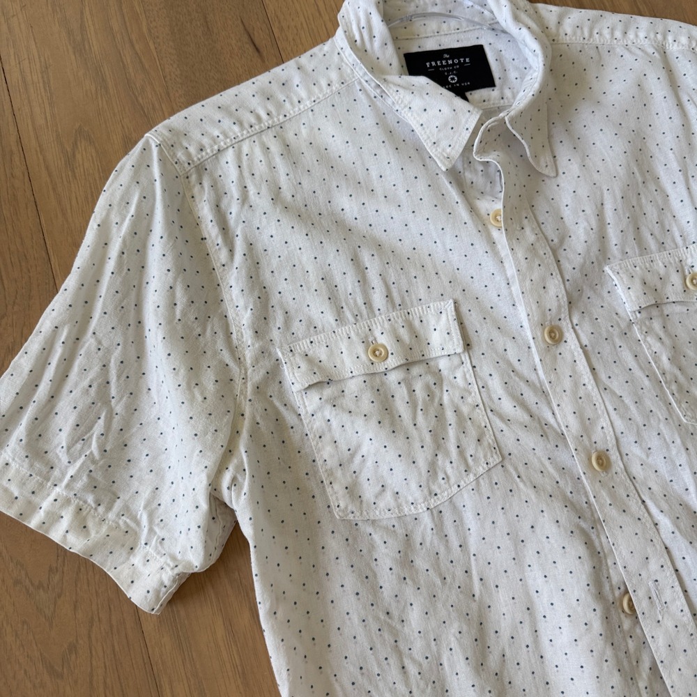 Freenote Cloth Co Lancaster Shirt Mens M White Polka Dot Cotton Linen Ramie USA